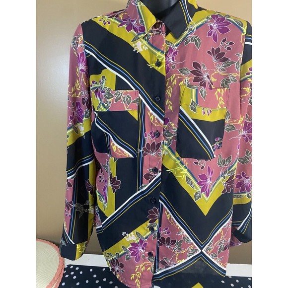 Multicolor Floral/striped Button Up Top With Pockets/button Sleeves Size XS - Picture 4 of 16